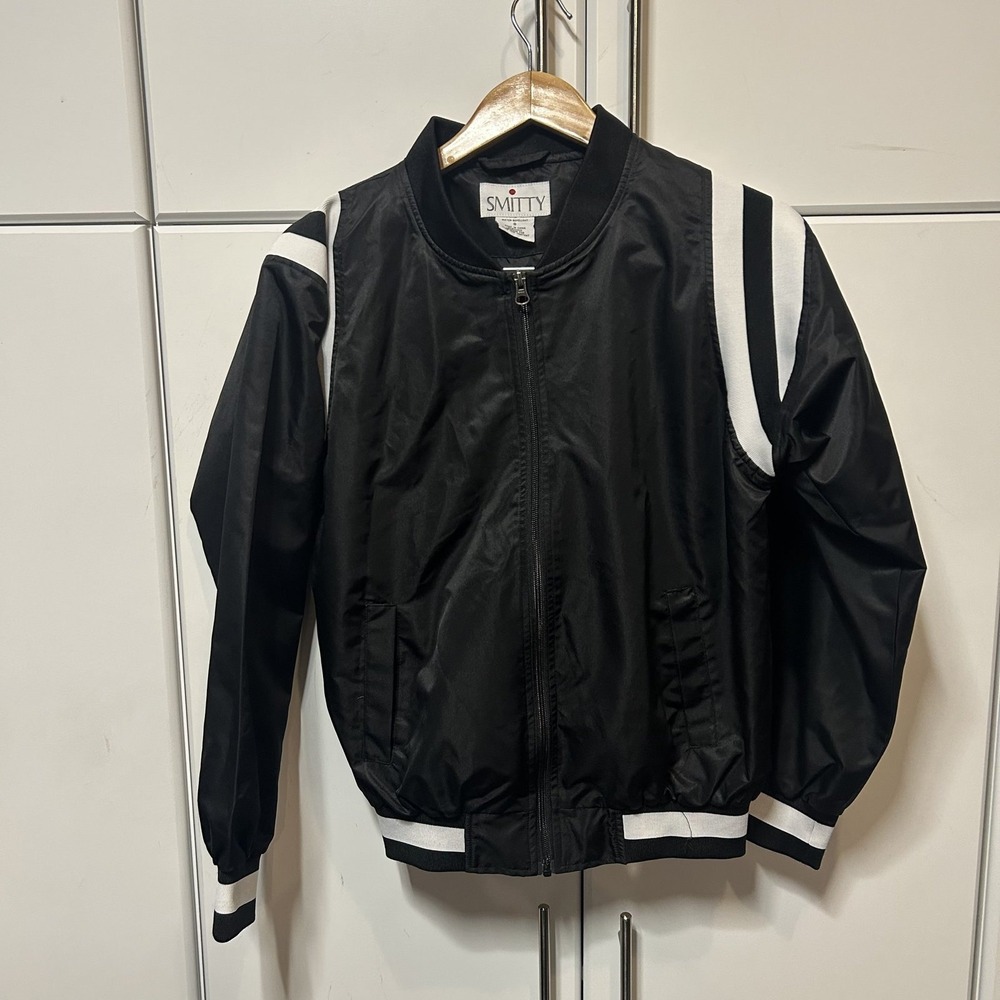 Smitty Water Repellent Bomber Jacket Black White Varsity Stripe Small